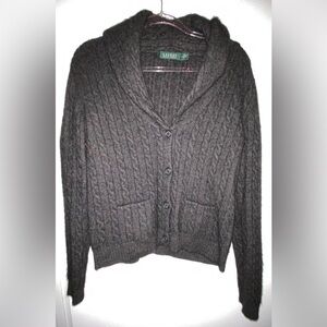 Ralph Lauren Large Gray Cardigan Sweater Button front cable knit 100% cashmere
